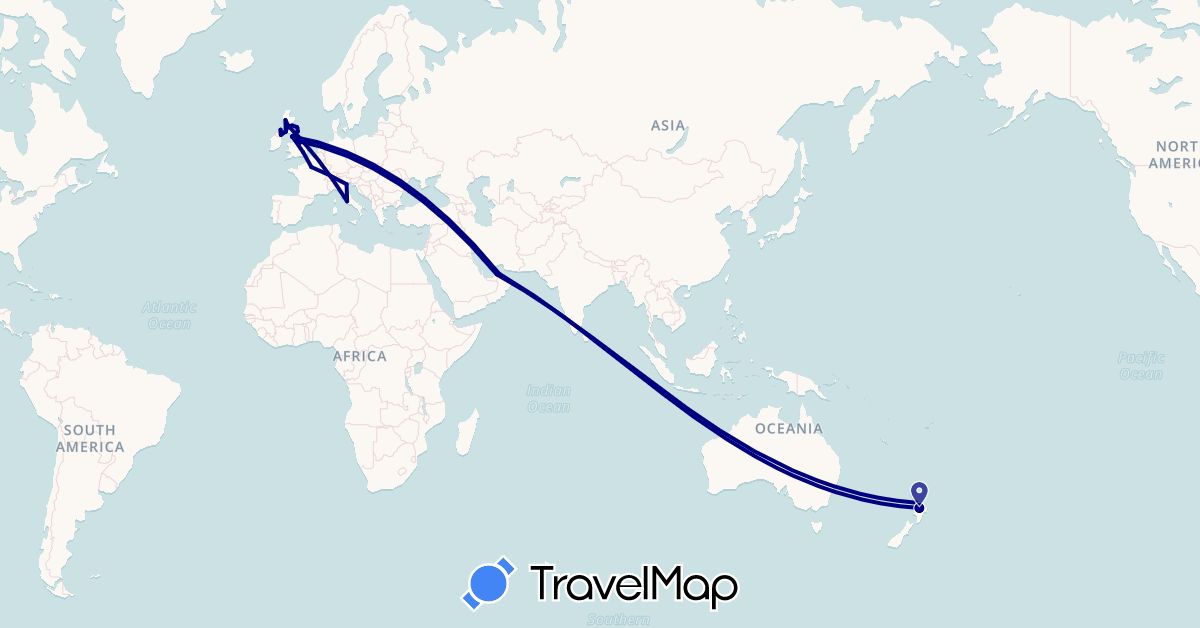 TravelMap itinerary: driving in United Arab Emirates, France, United Kingdom, Italy, New Zealand, Oman (Asia, Europe, Oceania)